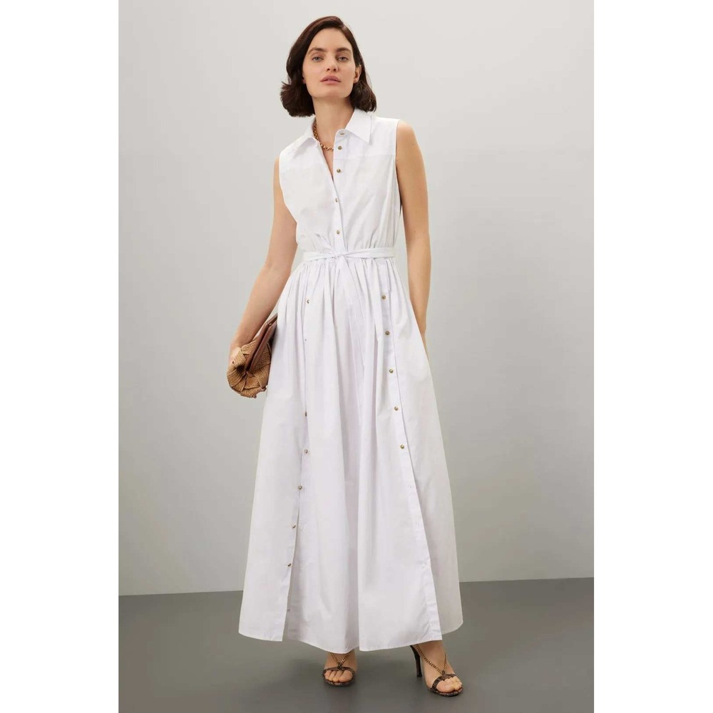 Rosetta Getty White Buttoned Dress Cotton Sleeveless Belted Maxi Womens Sz 10
